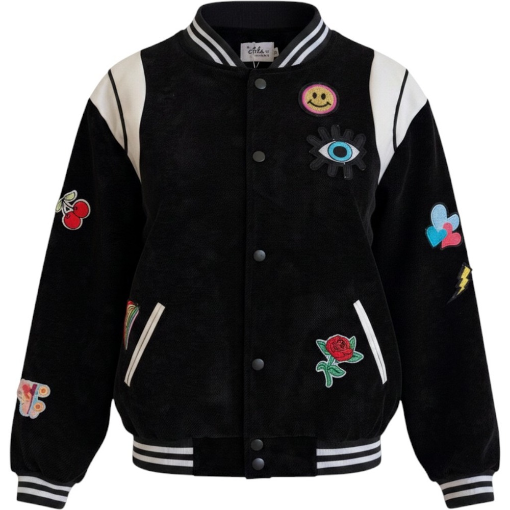 Lola + The Boys Girls Black Corduroy Varsity Jacket Multi Patch Bomber Size 12